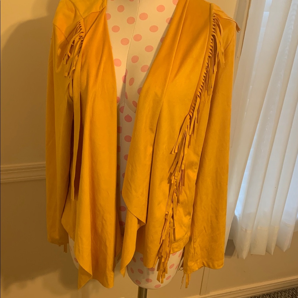 Colleen Lopez Western style Fringed Open Cardigan Sz Large Like NEW Leather look